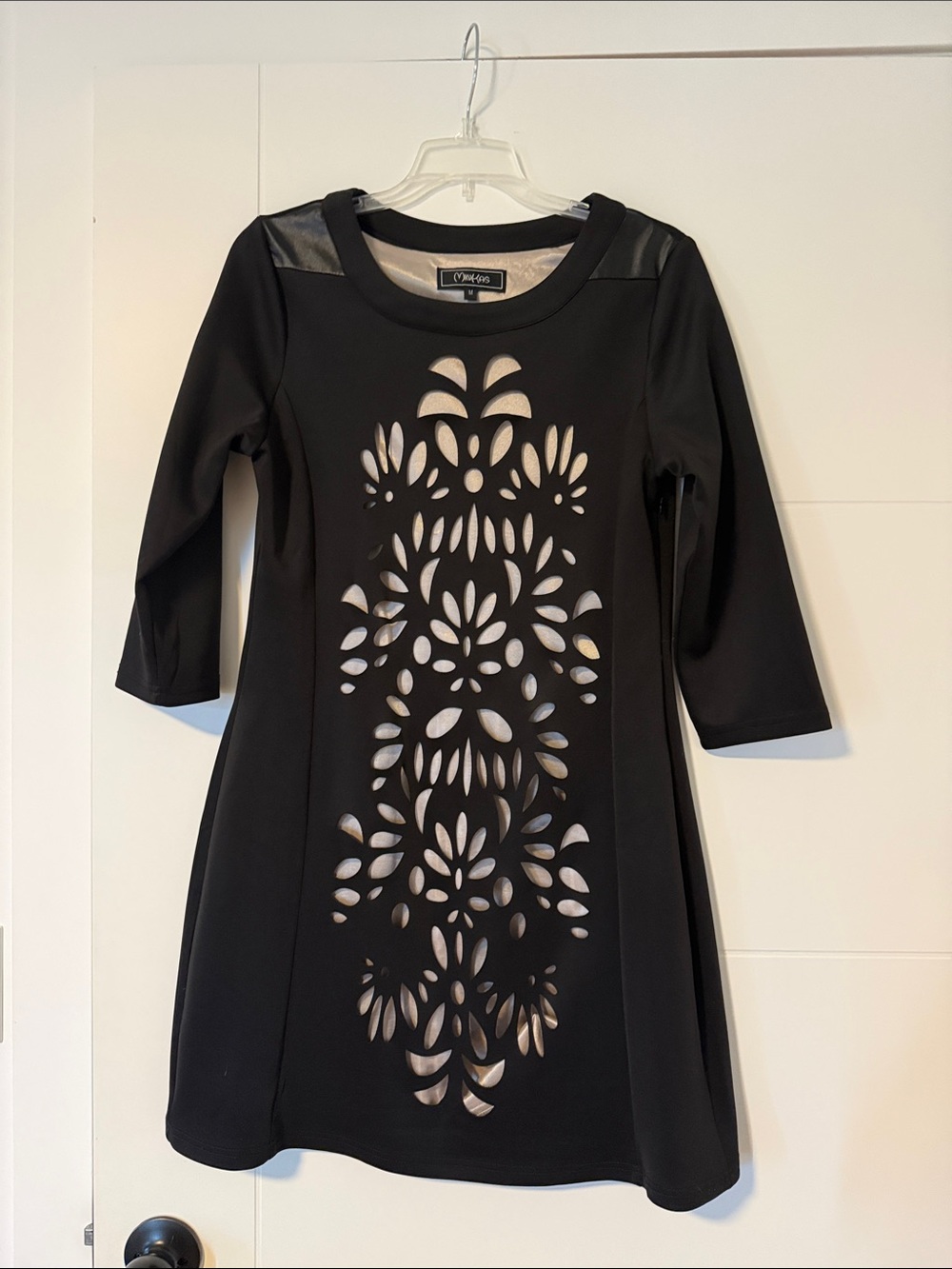 City Studio Black Laser-Cut Fit & Flare Dress with Faux Leather Shoulders